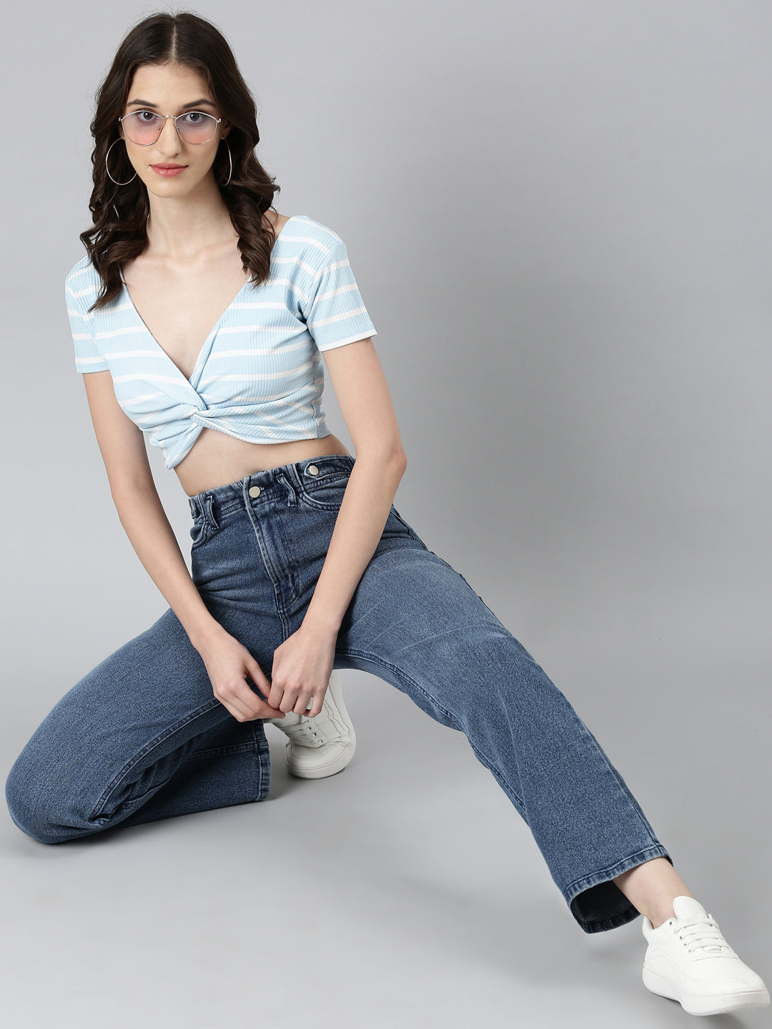 Women's Blue Striped Twisted Cotton Crop Top