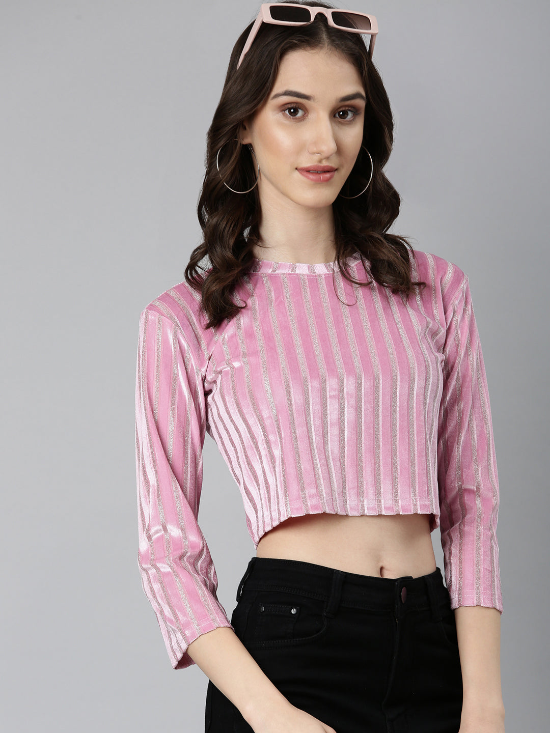 Women's Pink Self Design Velvet Crop Top