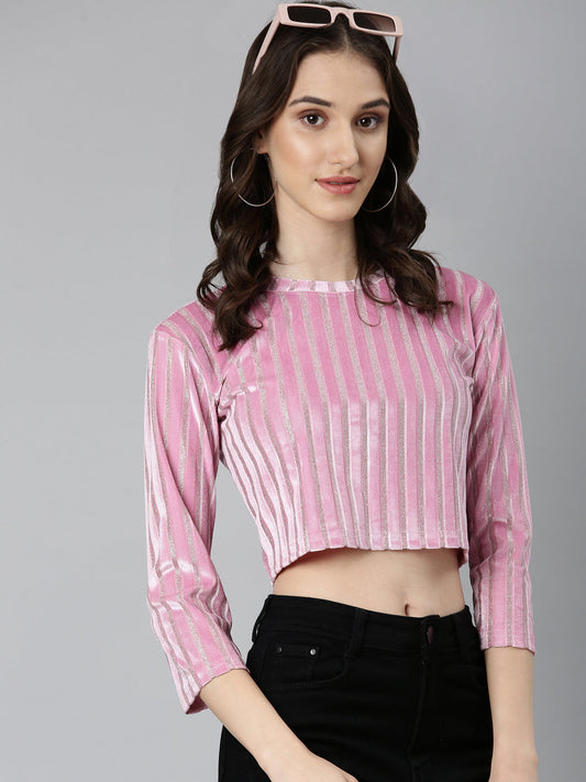 Women's Pink Self Design Velvet Crop Top