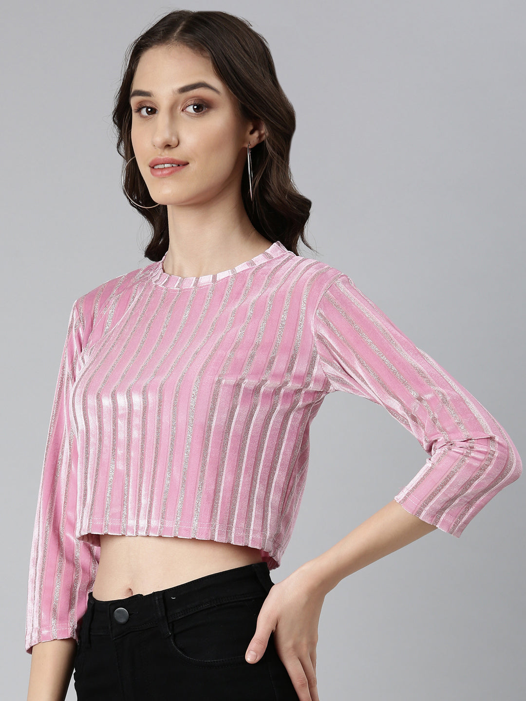 Women's Pink Self Design Velvet Crop Top