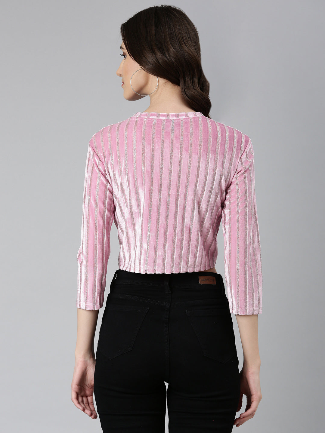 Women's Pink Self Design Velvet Crop Top