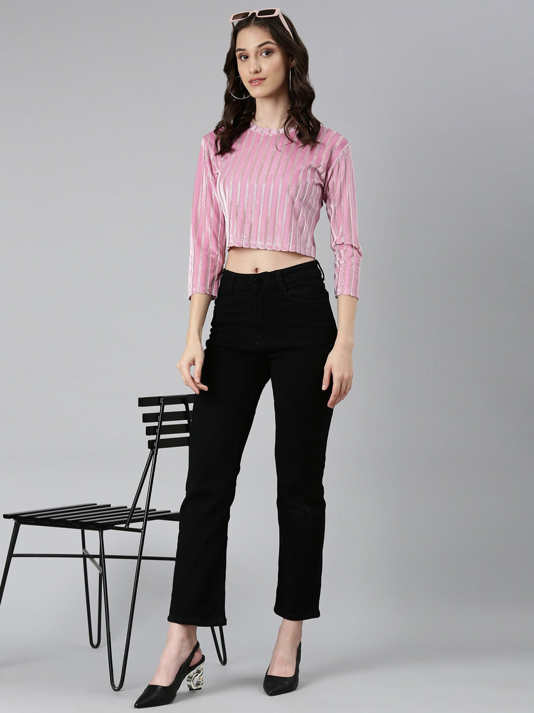 Women's Pink Self Design Velvet Crop Top