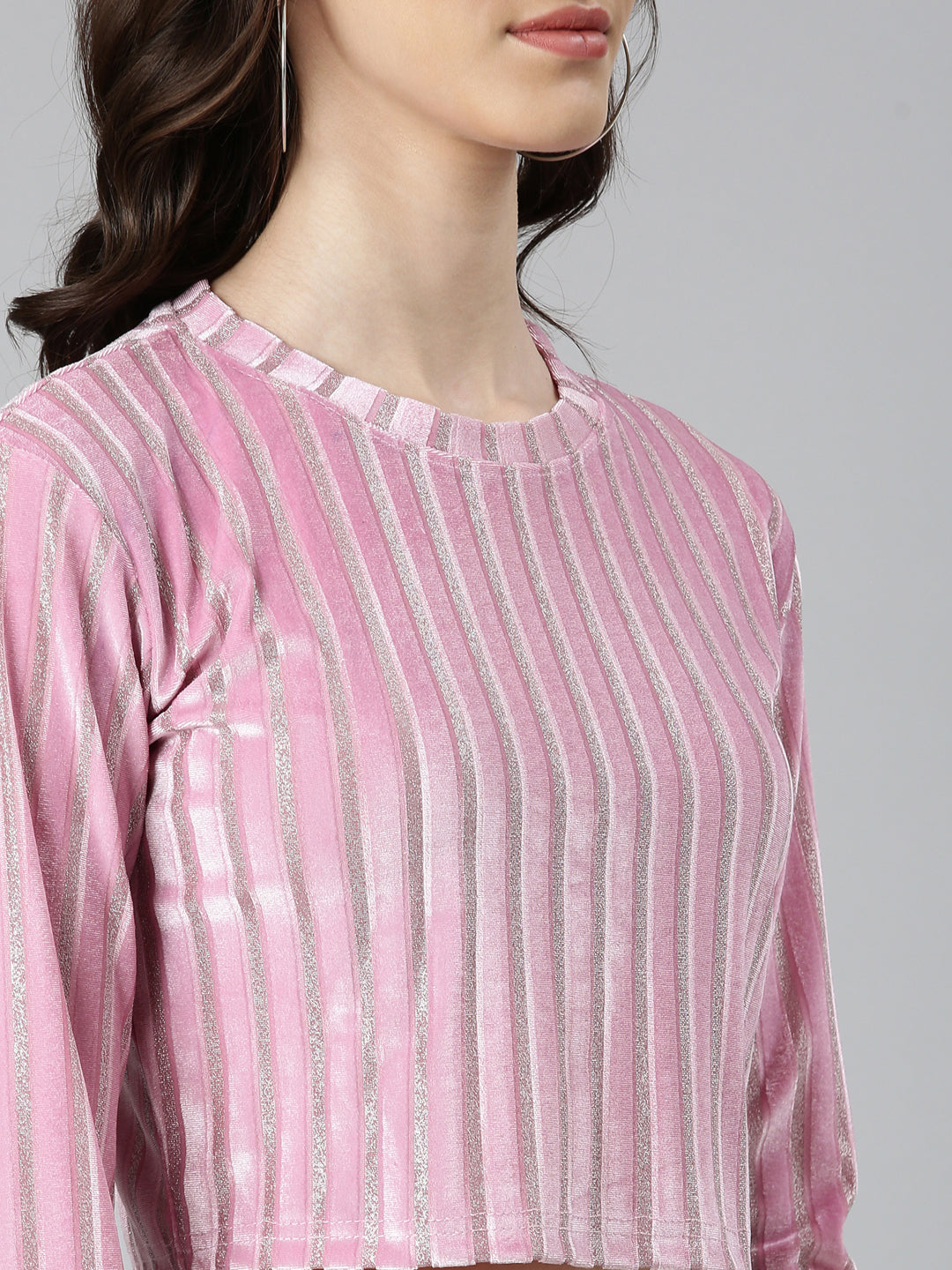 Women's Pink Self Design Velvet Crop Top