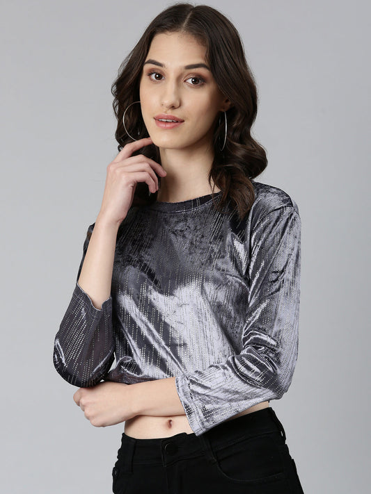 Women's Grey Round Neck Studded Velvet Crop Top