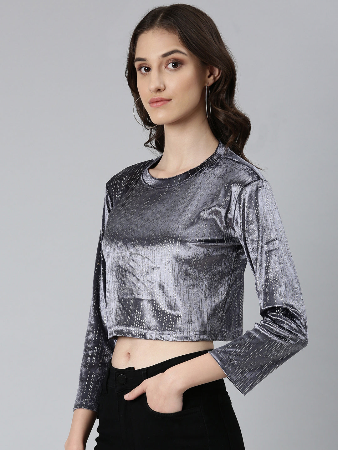 Women's Grey Round Neck Studded Velvet Crop Top