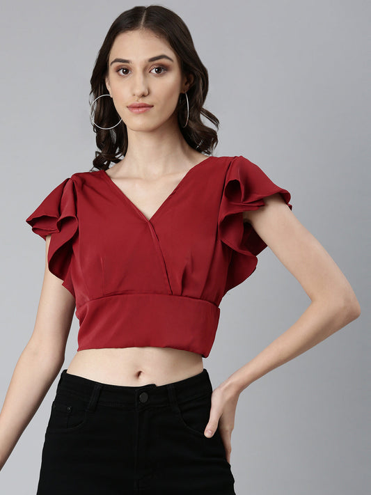 Women's Maroon Flutter Sleeve Crepe Styled Back Crop Top