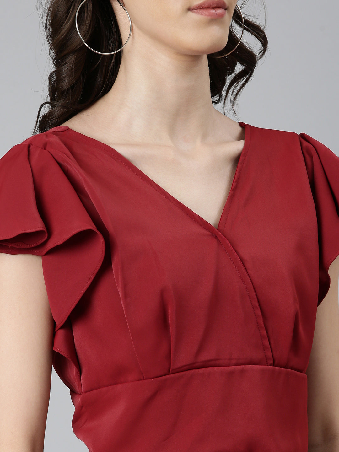 Women's Maroon Flutter Sleeve Crepe Styled Back Crop Top