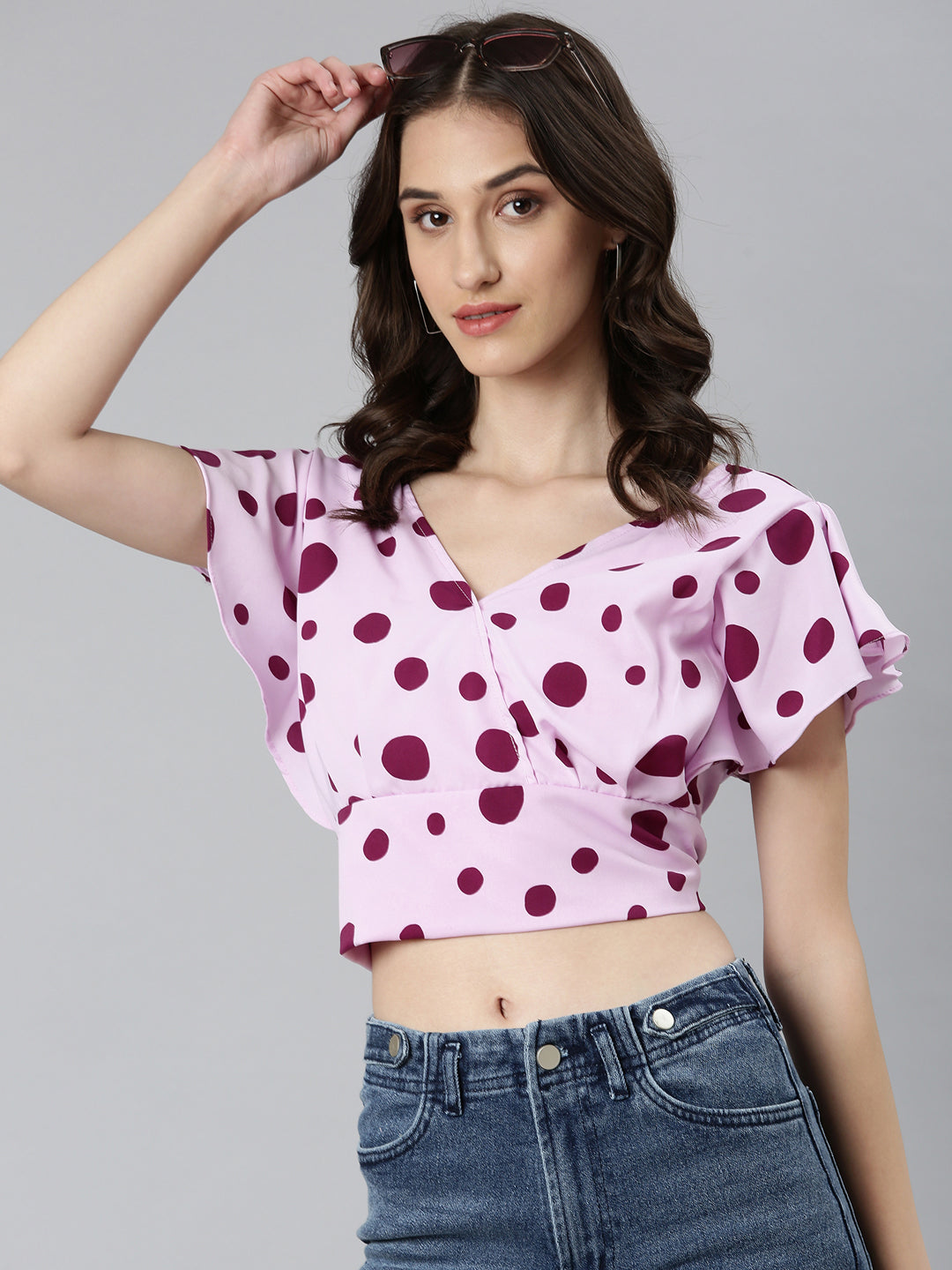 Women's Lavender Polka Dots Printed Styled Back Crop Top