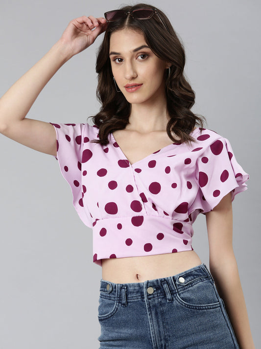 Women's Lavender Polka Dots Printed Styled Back Crop Top