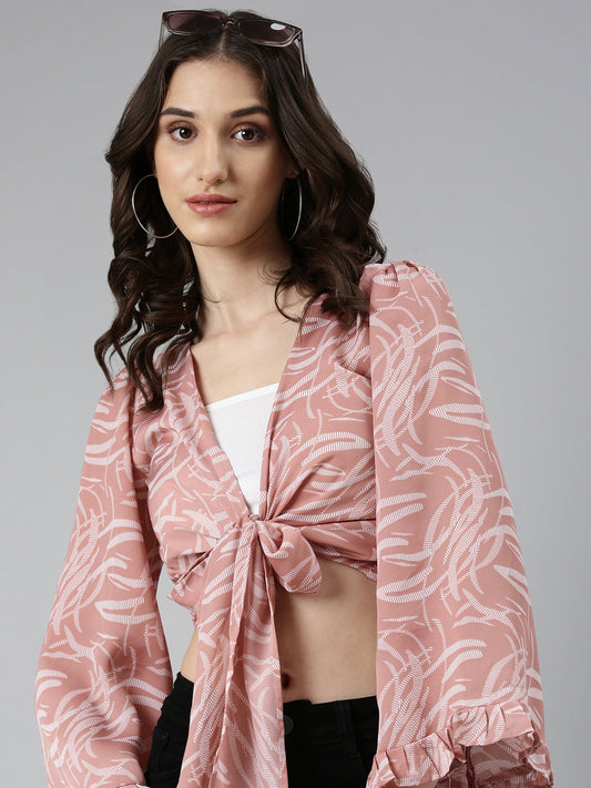 Women's Mauve Abstract Printed Flared Sleeves Tie-Ups Wrap Crop Top
