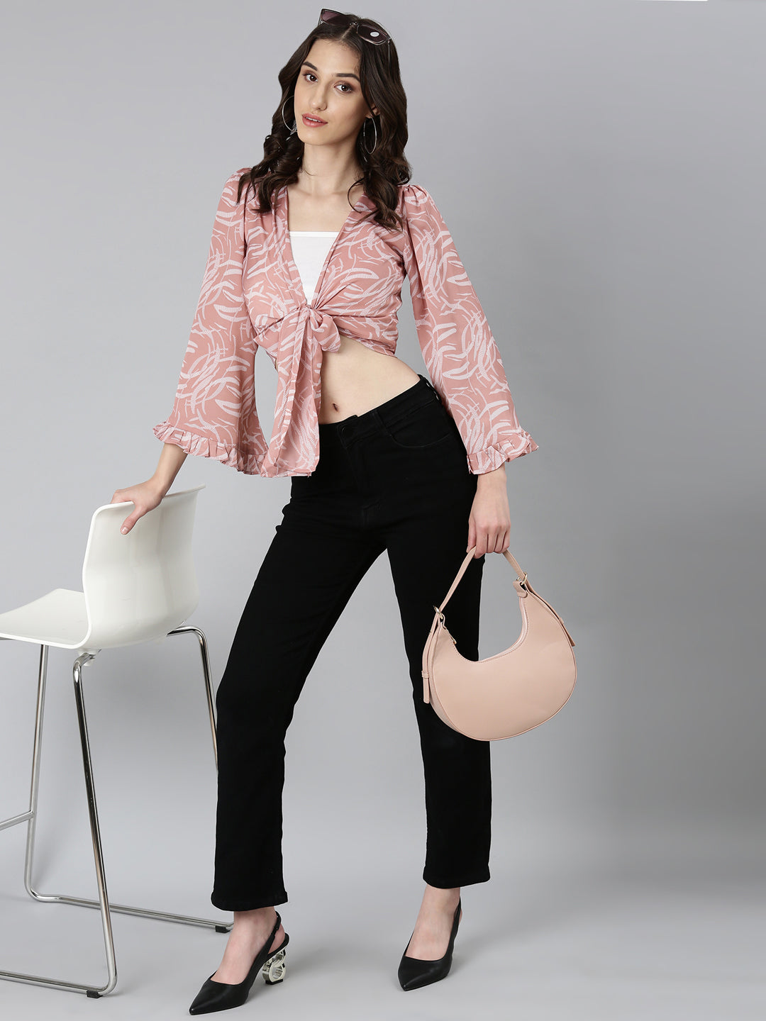 Women's Mauve Abstract Printed Flared Sleeves Tie-Ups Wrap Crop Top