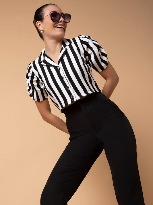 Women's Black Vertical Striped Lapel Collar Cotton Top