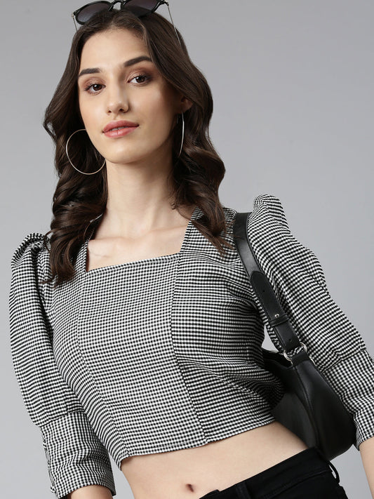 Women's Black Checked Puff Sleeves Cotton Crop Top