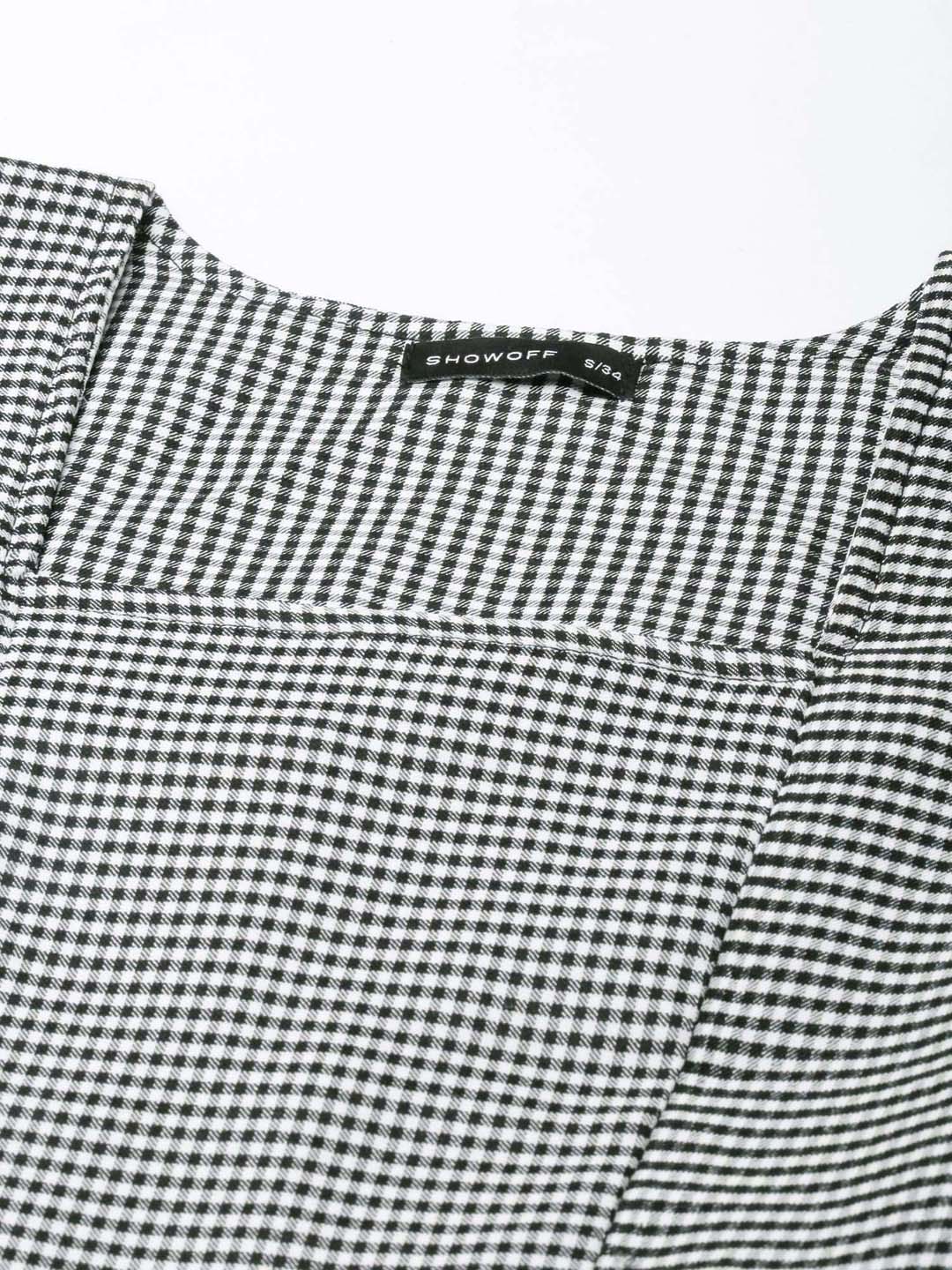 Women's Black Checked Puff Sleeves Cotton Crop Top