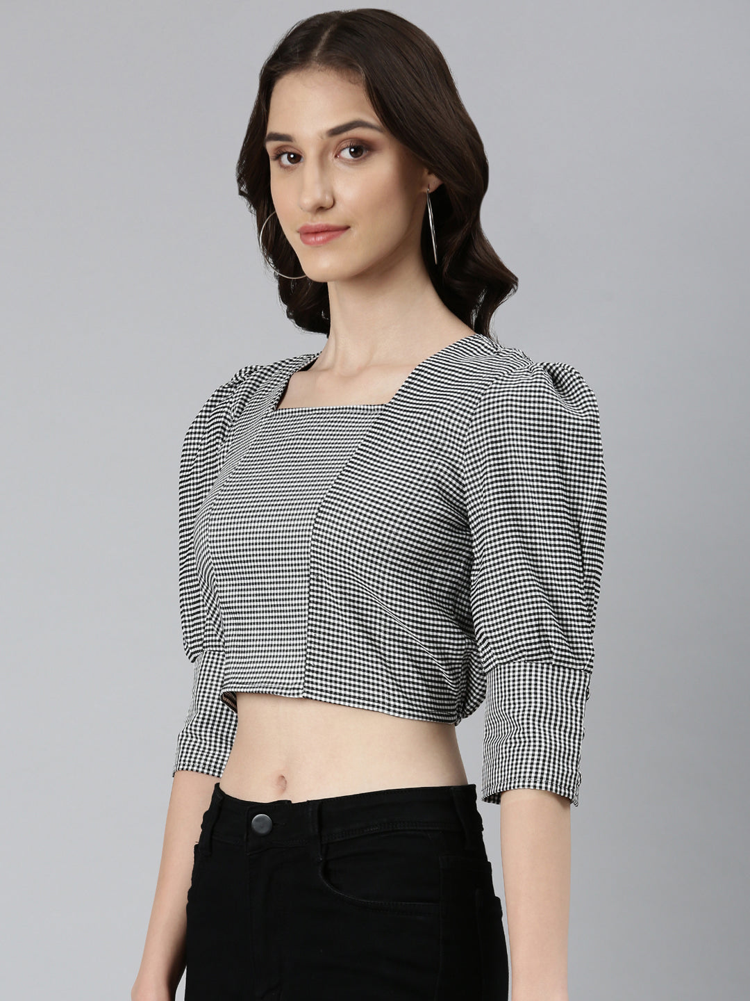 Women's Black Checked Puff Sleeves Cotton Crop Top