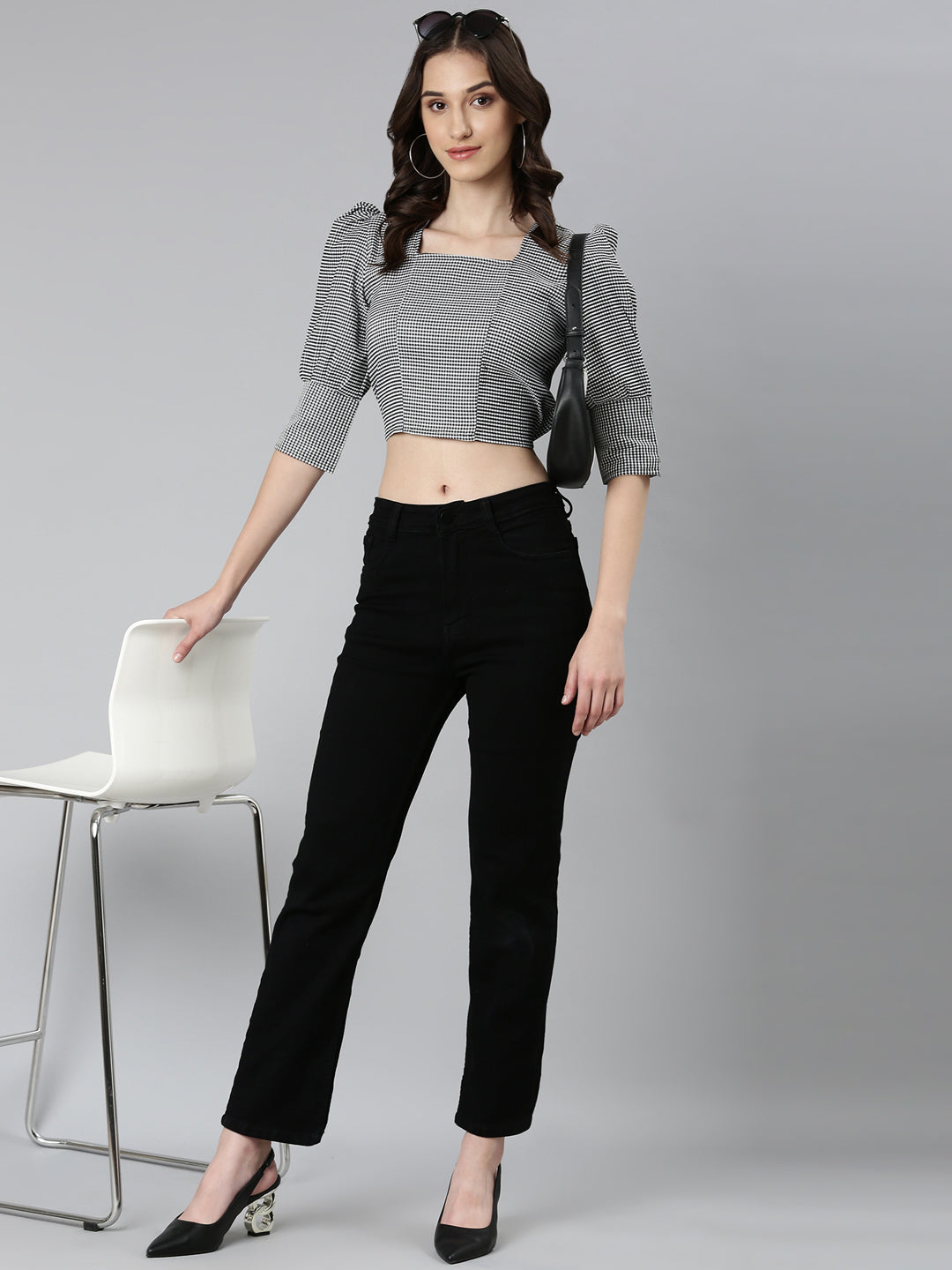 Women's Black Checked Puff Sleeves Cotton Crop Top