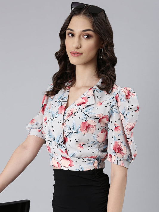 Women's Grey Floral Printed Puffed Sleeve Shirt Collar Crepe Wrap Crop Top