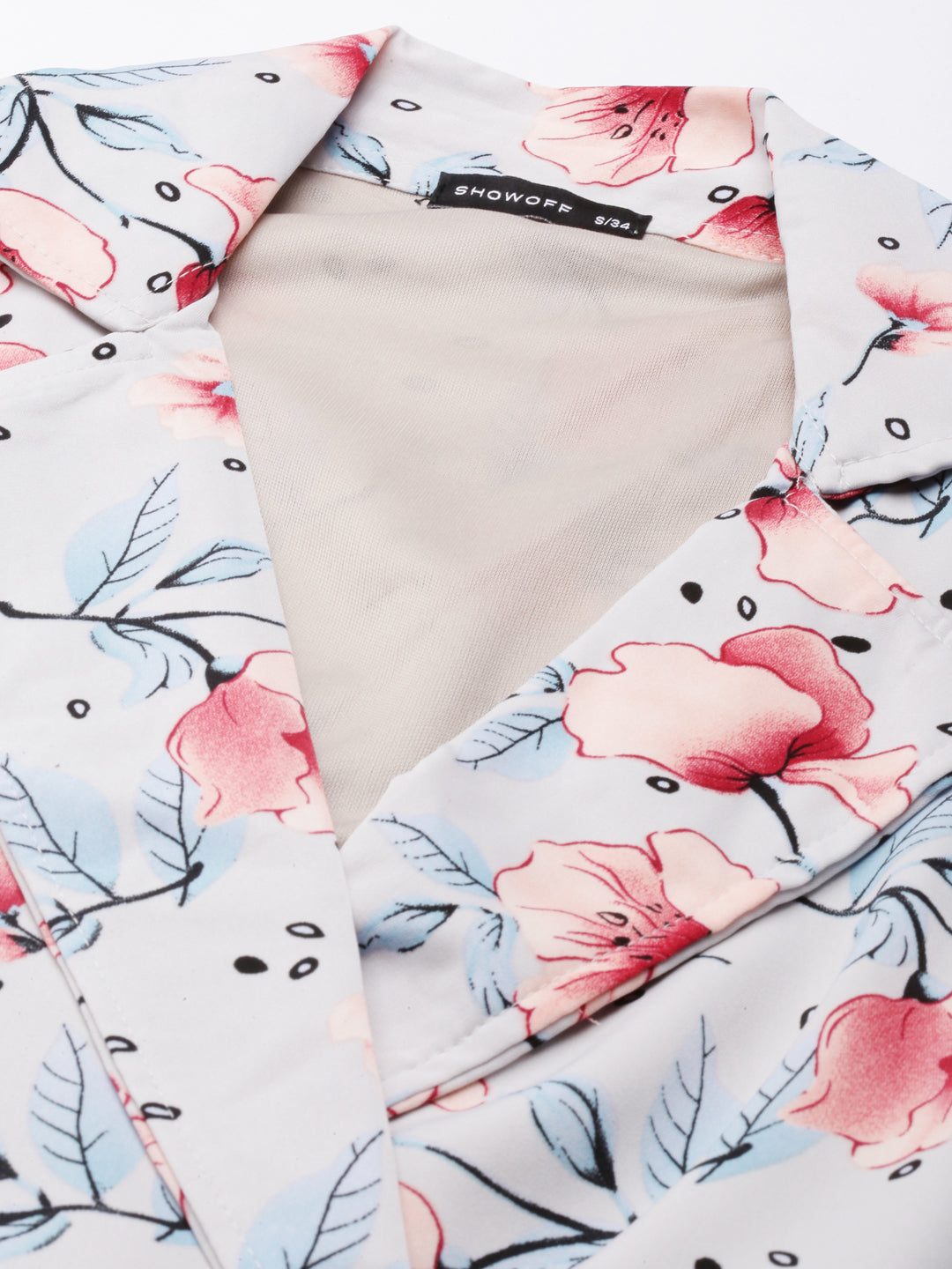 Women's Grey Floral Printed Puffed Sleeve Shirt Collar Crepe Wrap Crop Top