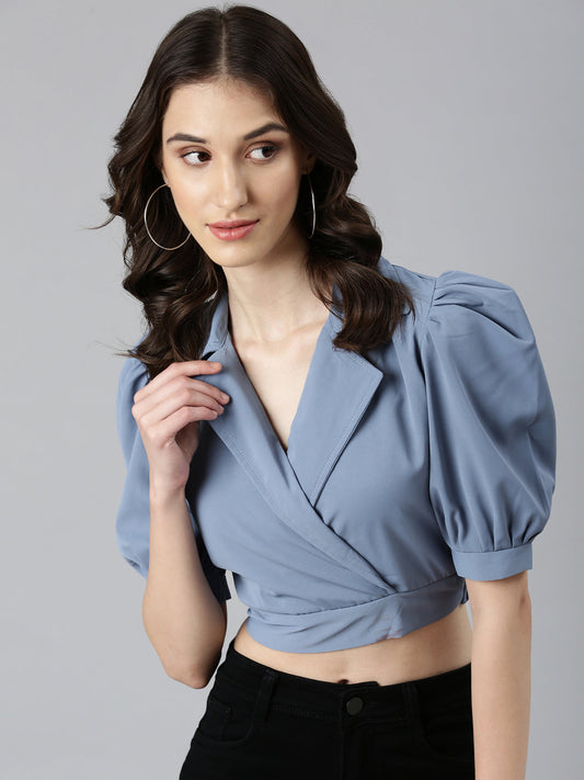 Women's Blue Puff Sleeve Wrap Crop Top