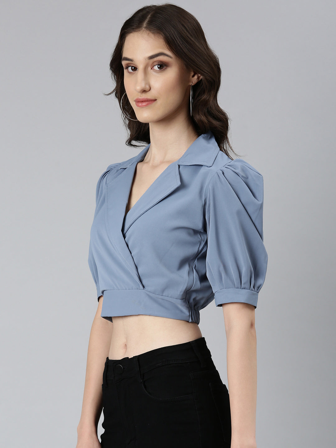 Women's Blue Puff Sleeve Wrap Crop Top
