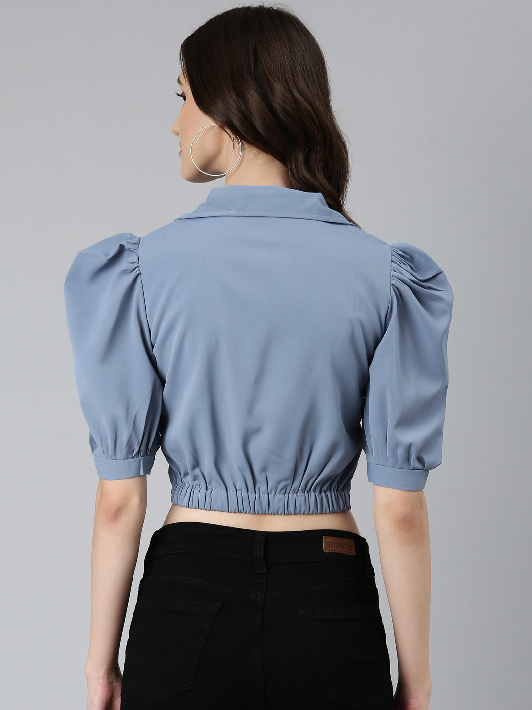 Women's Blue Puff Sleeve Wrap Crop Top