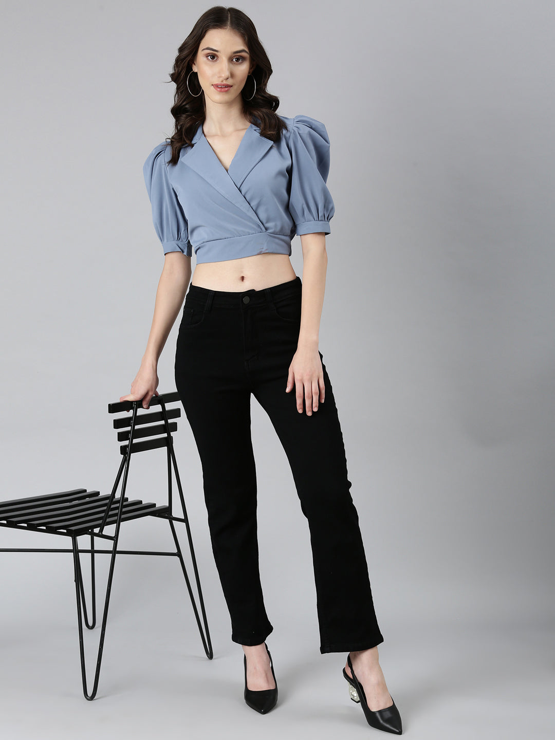 Women's Blue Puff Sleeve Wrap Crop Top