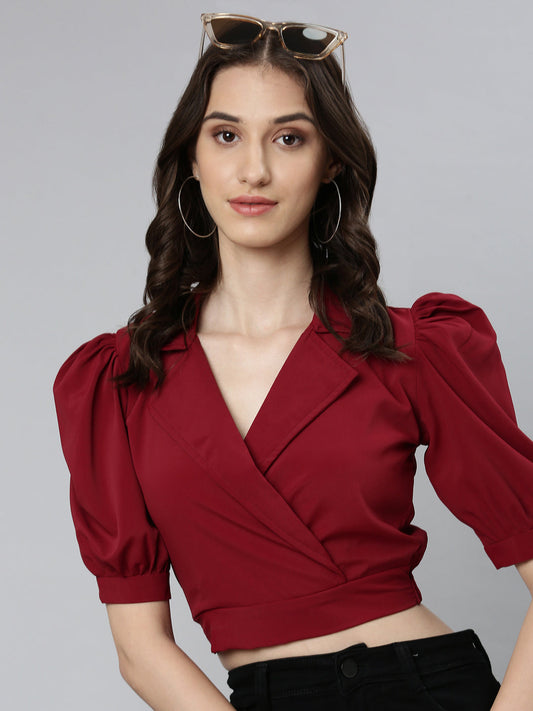 Women's Maroon Puffed Sleeves Shirt Collar Crepe Wrap Crop Top