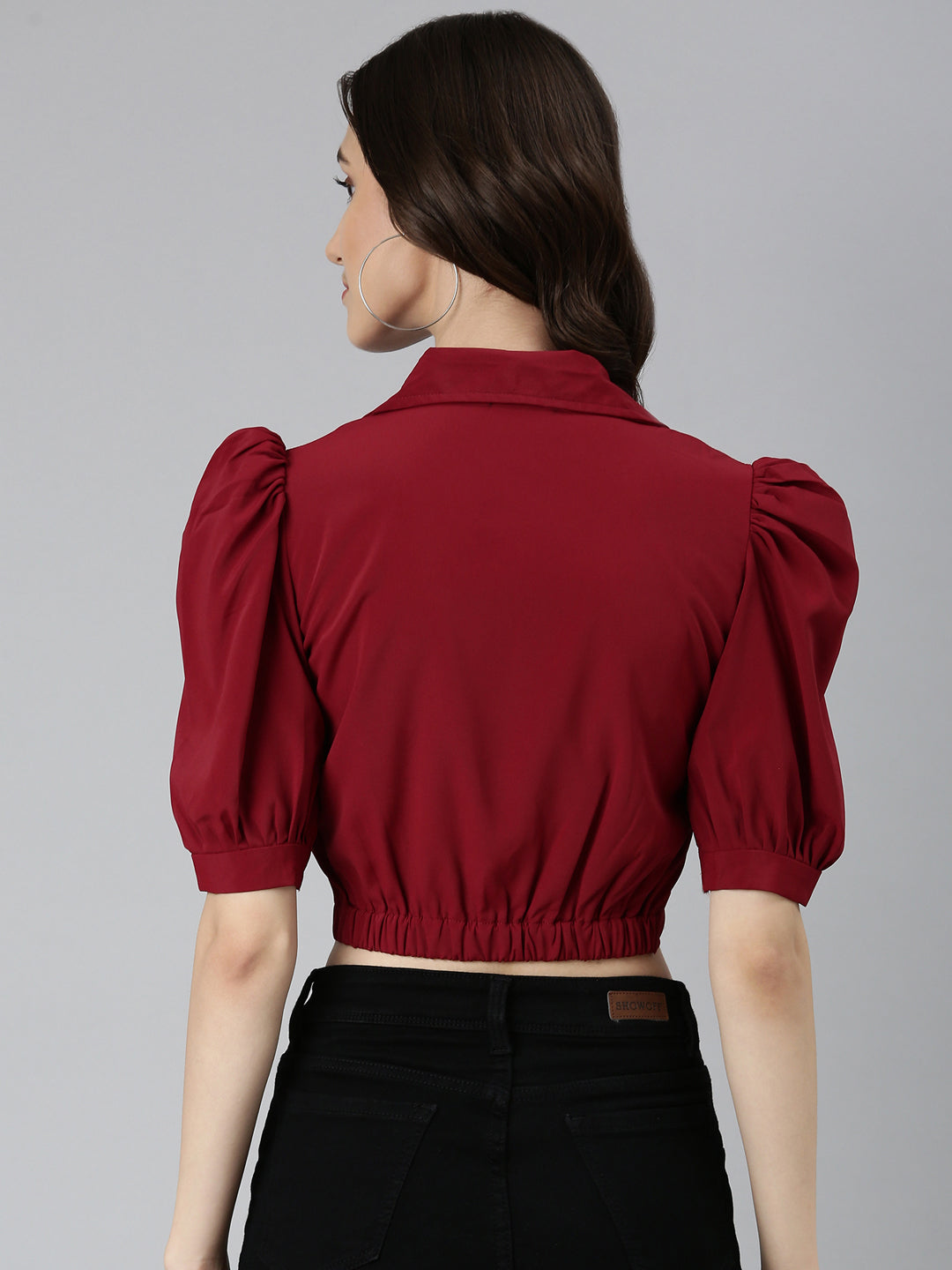 Women's Maroon Puffed Sleeves Shirt Collar Crepe Wrap Crop Top