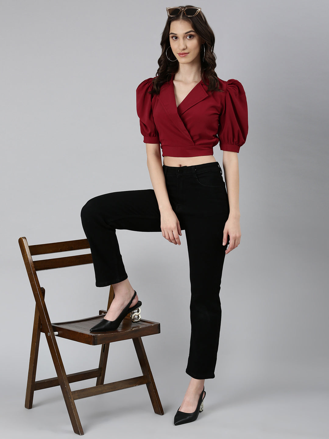 Women's Maroon Puffed Sleeves Shirt Collar Crepe Wrap Crop Top