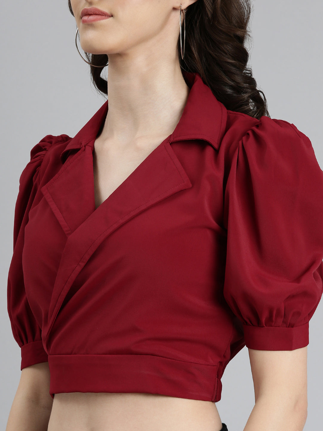 Women's Maroon Puffed Sleeves Shirt Collar Crepe Wrap Crop Top