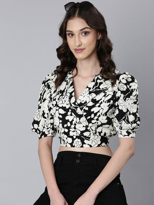 Women's Off White Floral Printed Puffed Sleeve Shirt Collar Wrap Crop Top