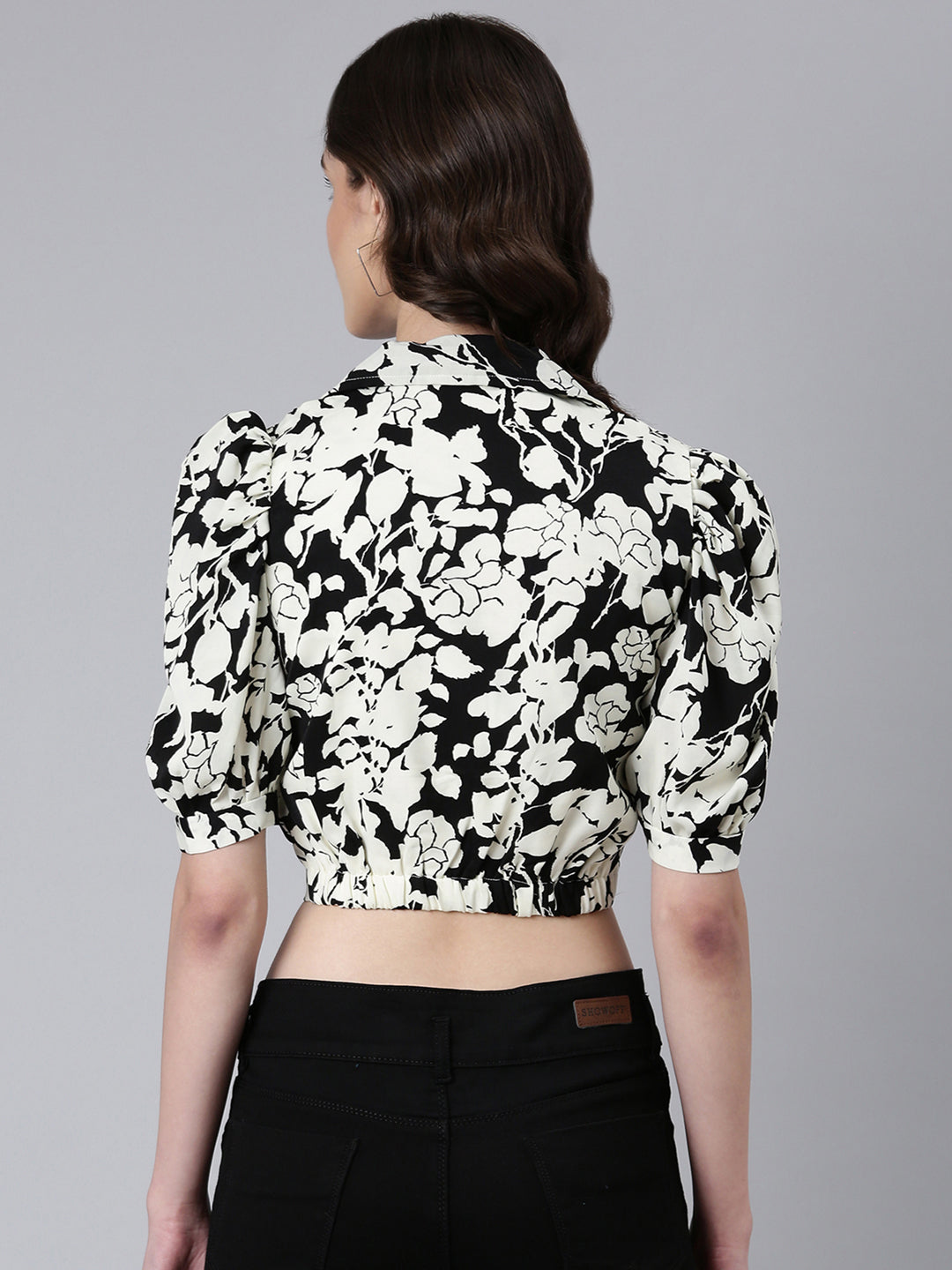 Women's Off White Floral Printed Puffed Sleeve Shirt Collar Wrap Crop Top