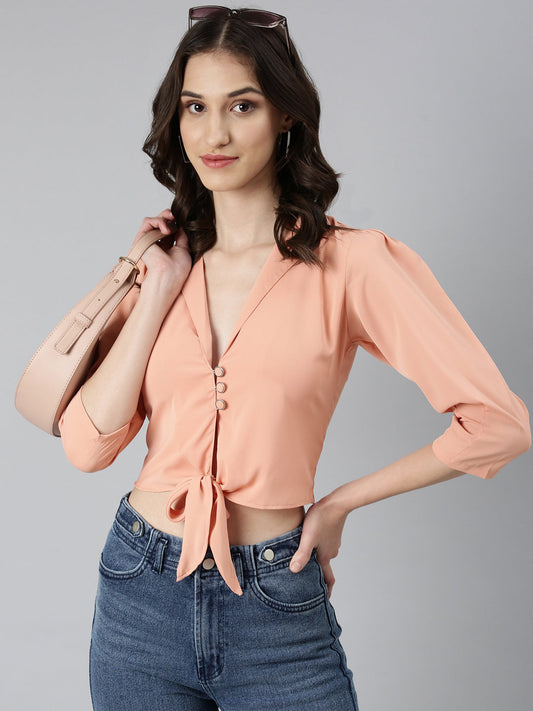 Women's Peach Puff Sleeves Tie-Up Detailed Crepe Crop Top