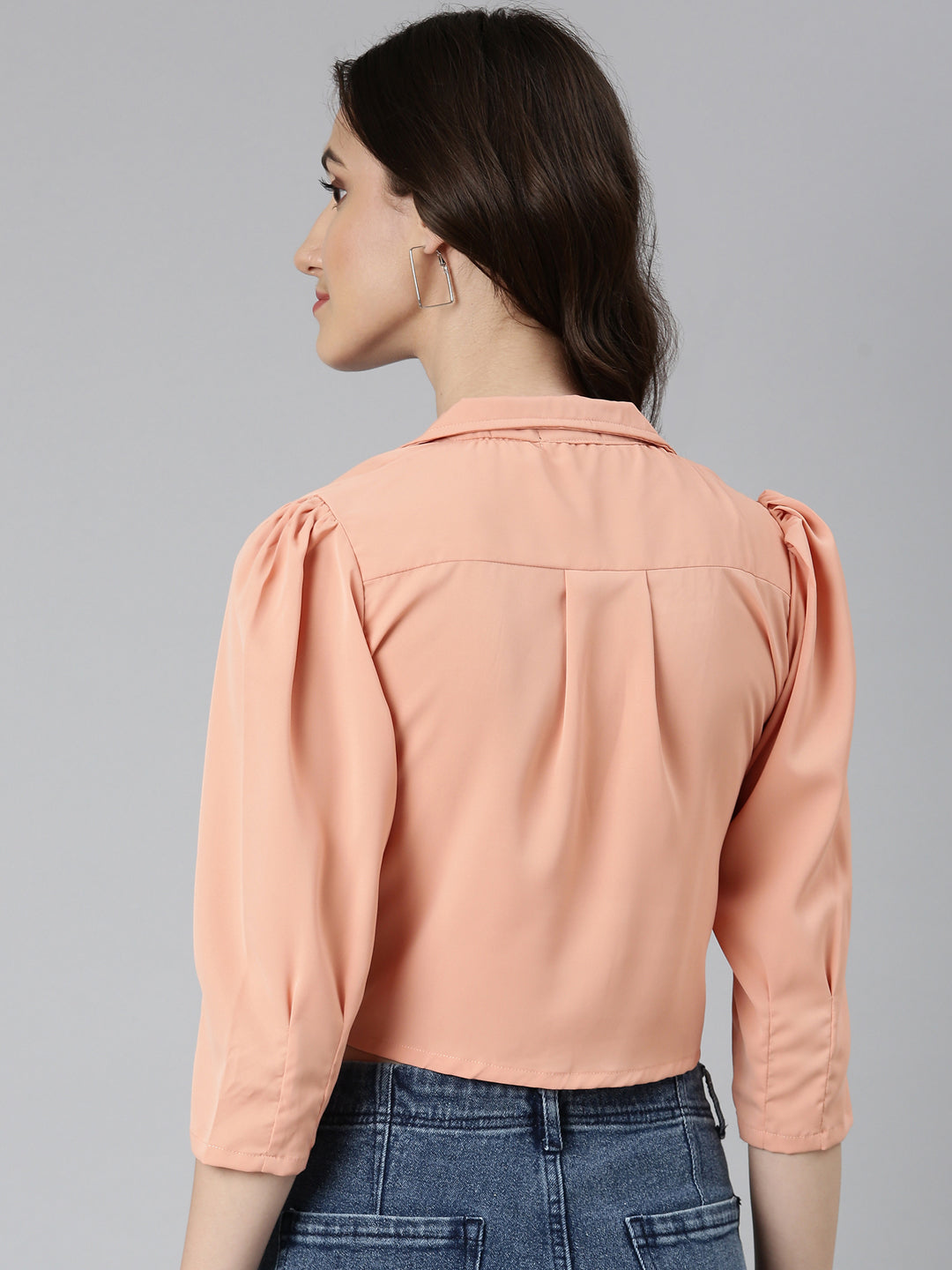 Women's Peach Puff Sleeves Tie-Up Detailed Crepe Crop Top