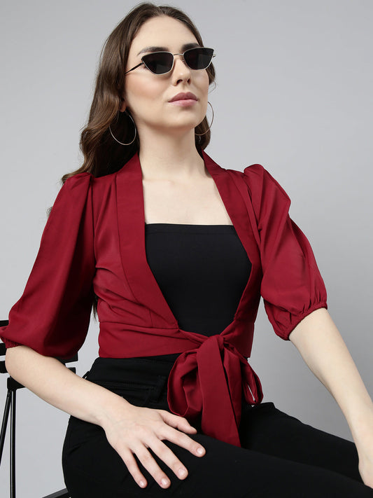 Women's Maroon Puff Sleeves Blouson Crop Top