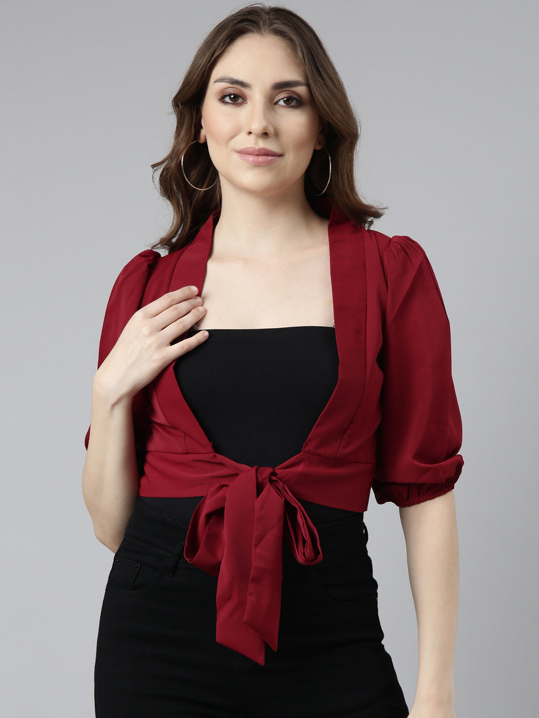 Women's Maroon Puff Sleeves Blouson Crop Top