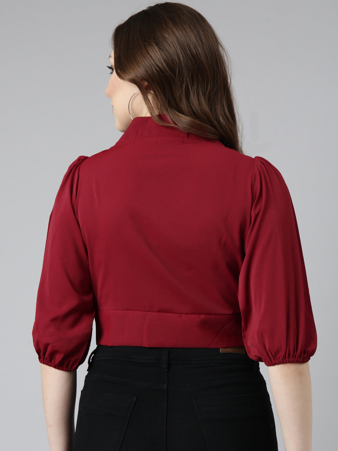 Women's Maroon Puff Sleeves Blouson Crop Top