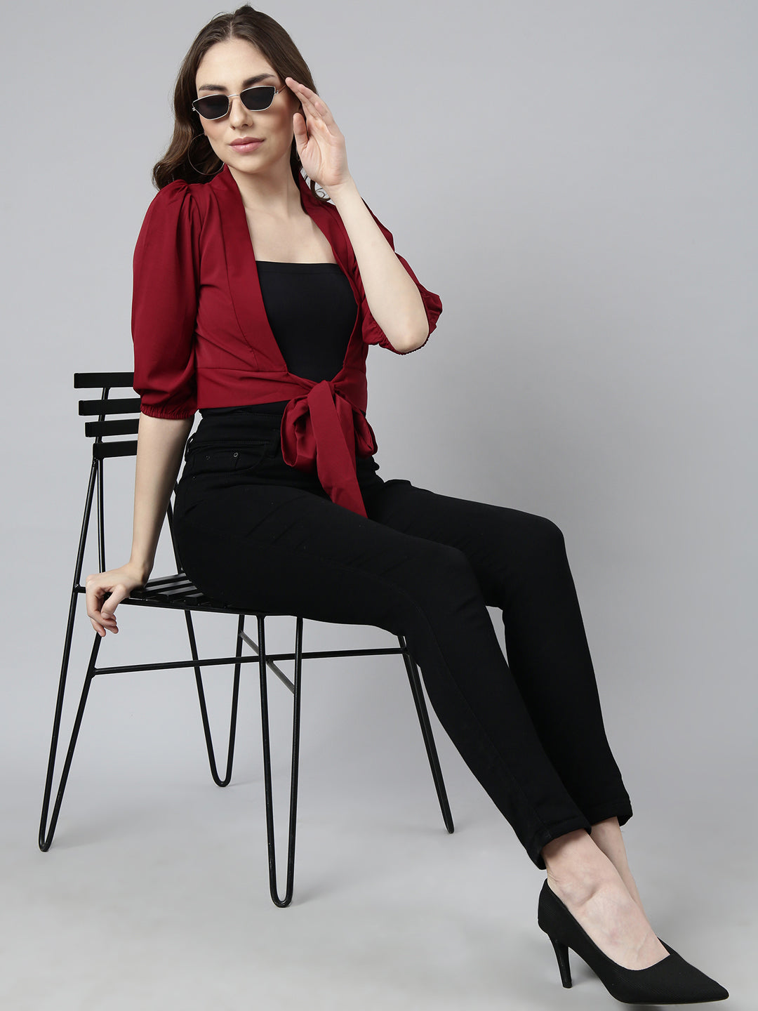Women's Maroon Puff Sleeves Blouson Crop Top