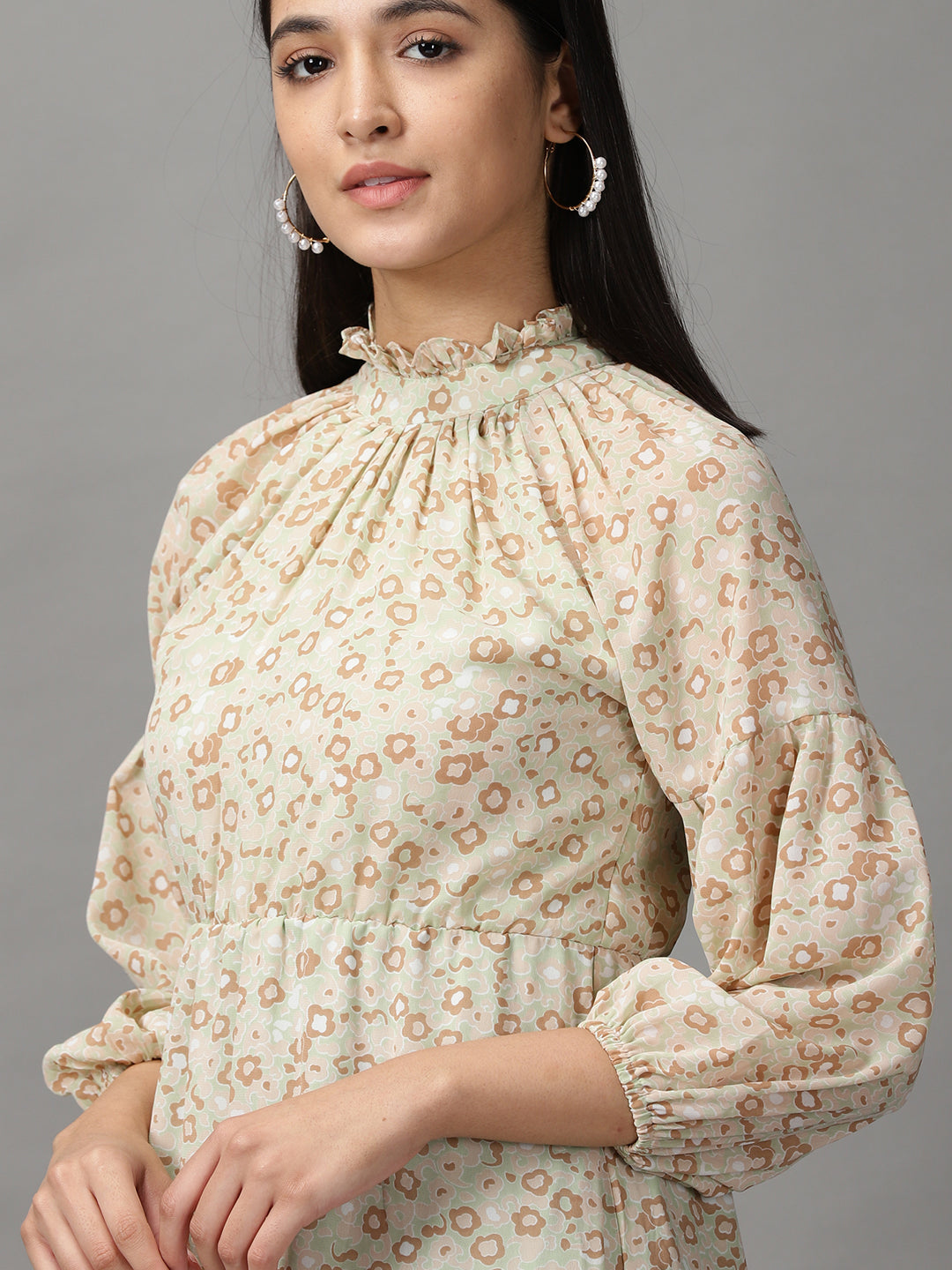 Women's Green Floral Chiffon Fit & Flare Dress