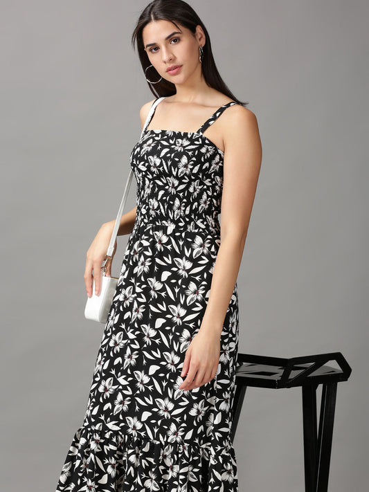 Women's Black Floral Crepe Fit & Flare Midi Dress