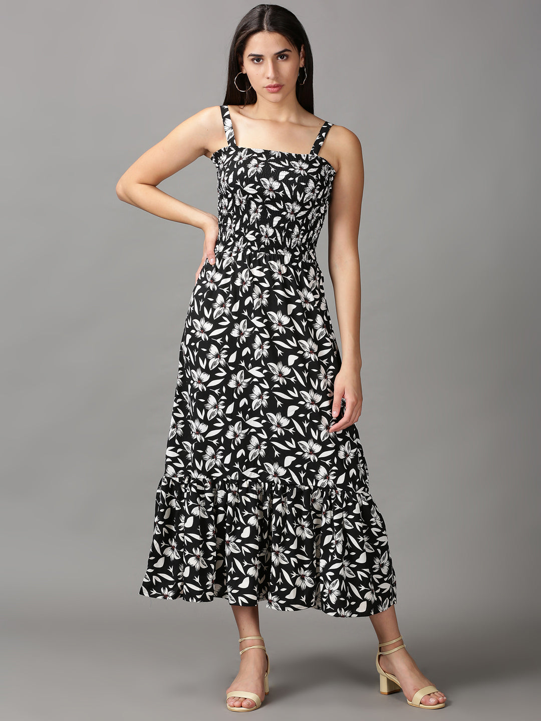 Women's Black Floral Crepe Fit & Flare Midi Dress