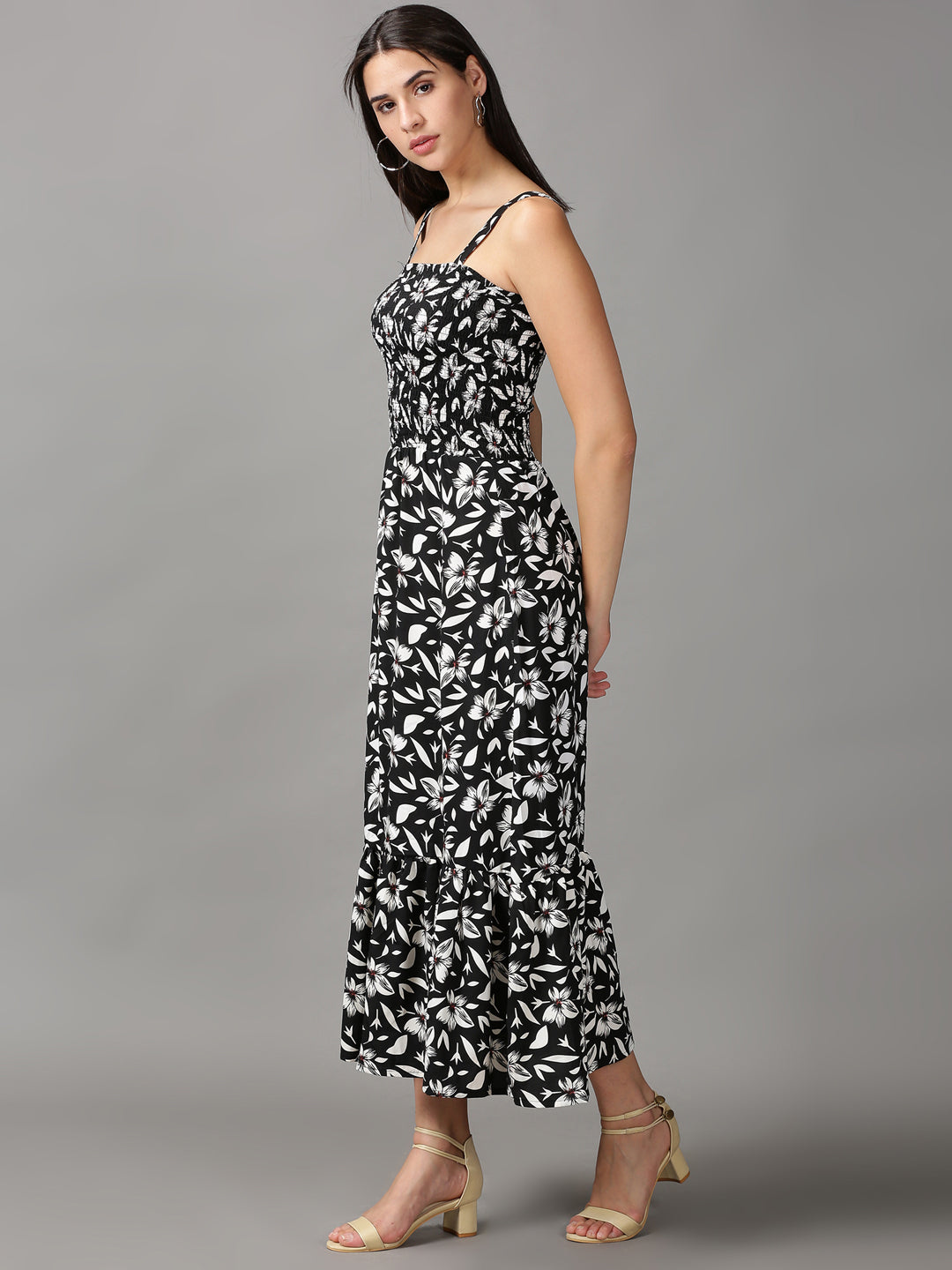 Women's Black Floral Crepe Fit & Flare Midi Dress