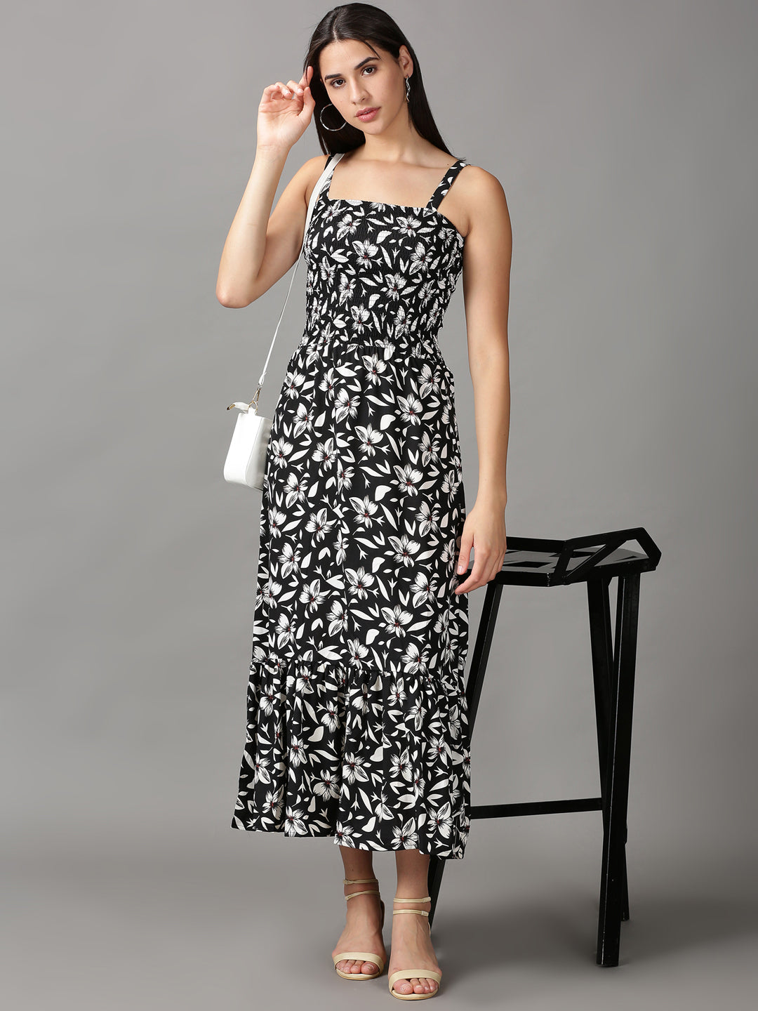 Women's Black Floral Crepe Fit & Flare Midi Dress