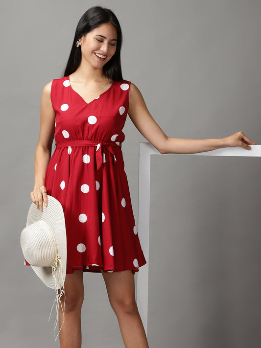 Women's Maroon Polka Dots Fit & Flare Dress