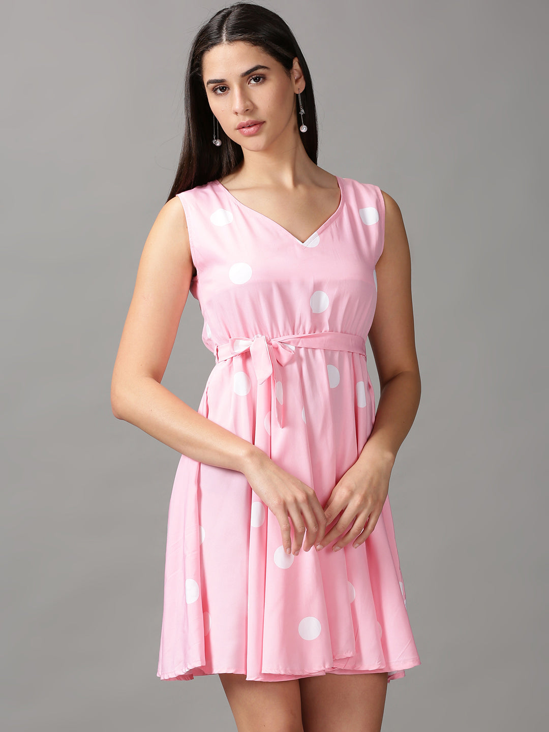 Women's Pink Polka Dots Chiffon Fit & Flare Dress