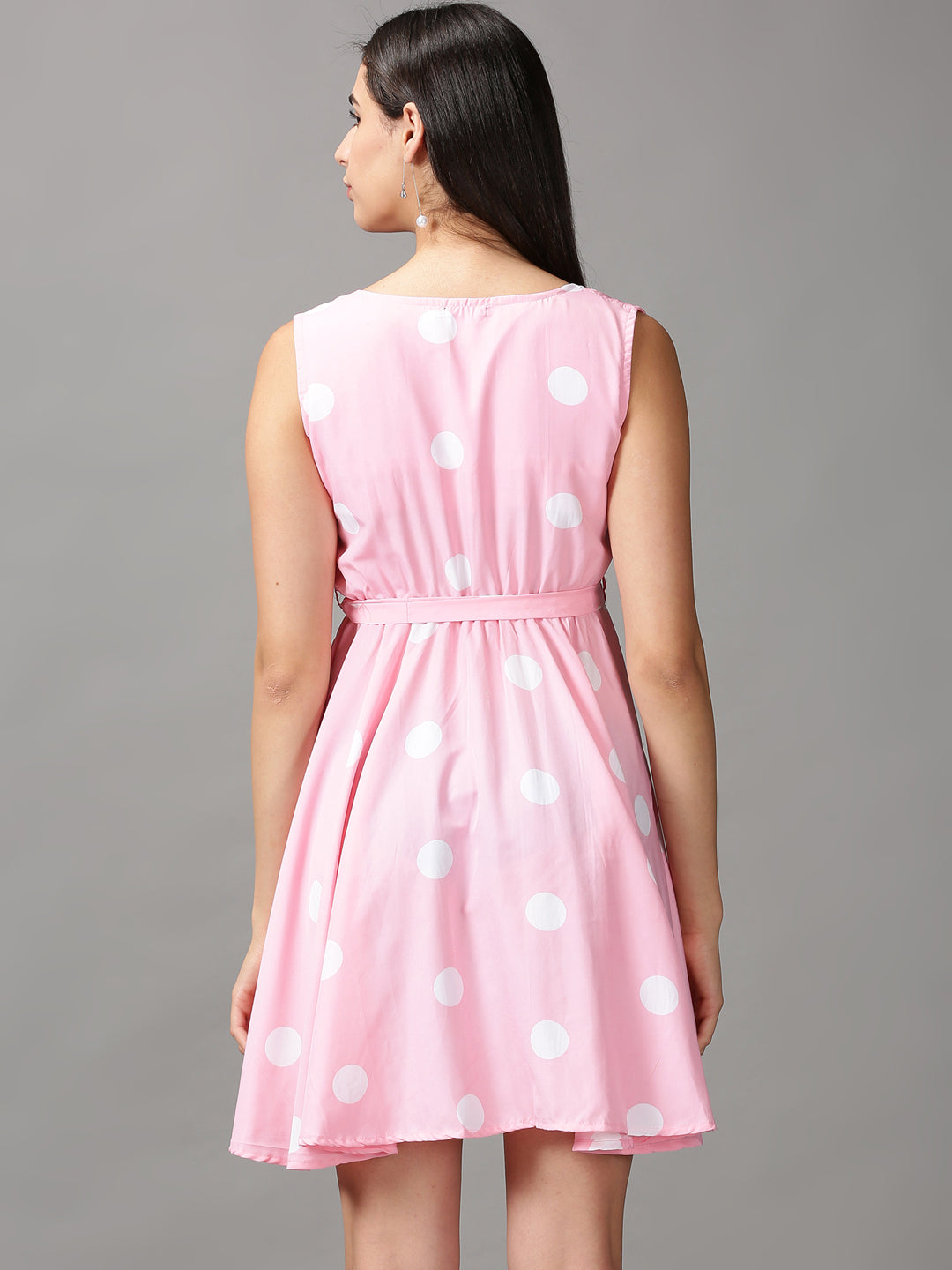 Women's Pink Polka Dots Chiffon Fit & Flare Dress