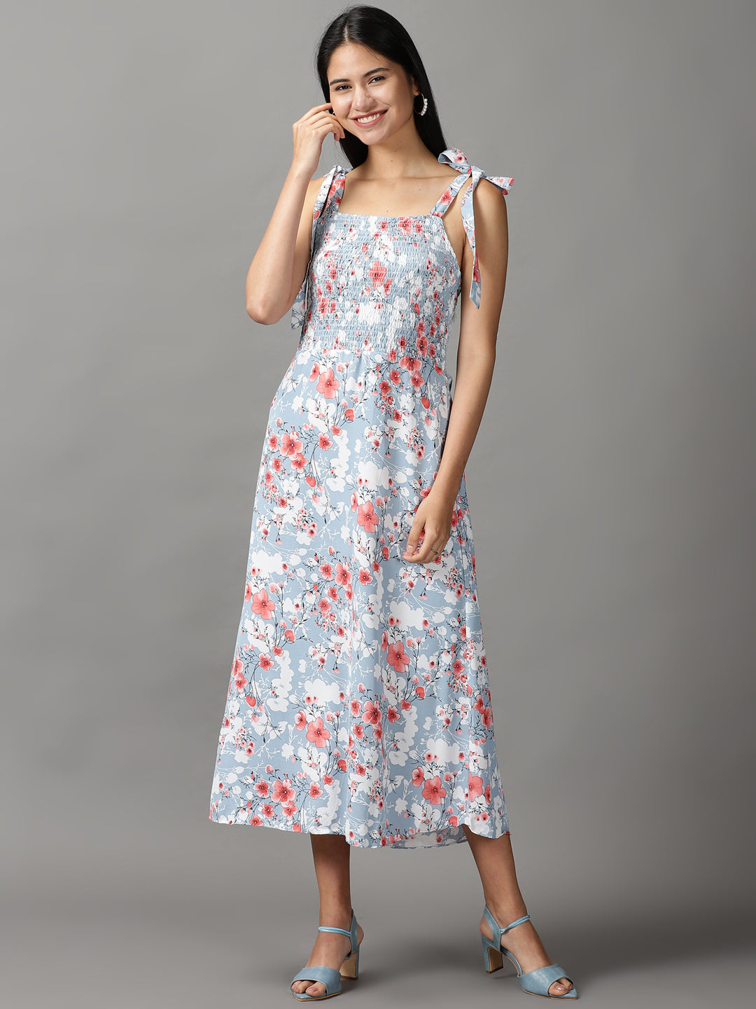 Women's Blue Floral Printed A-Line Midi Dress