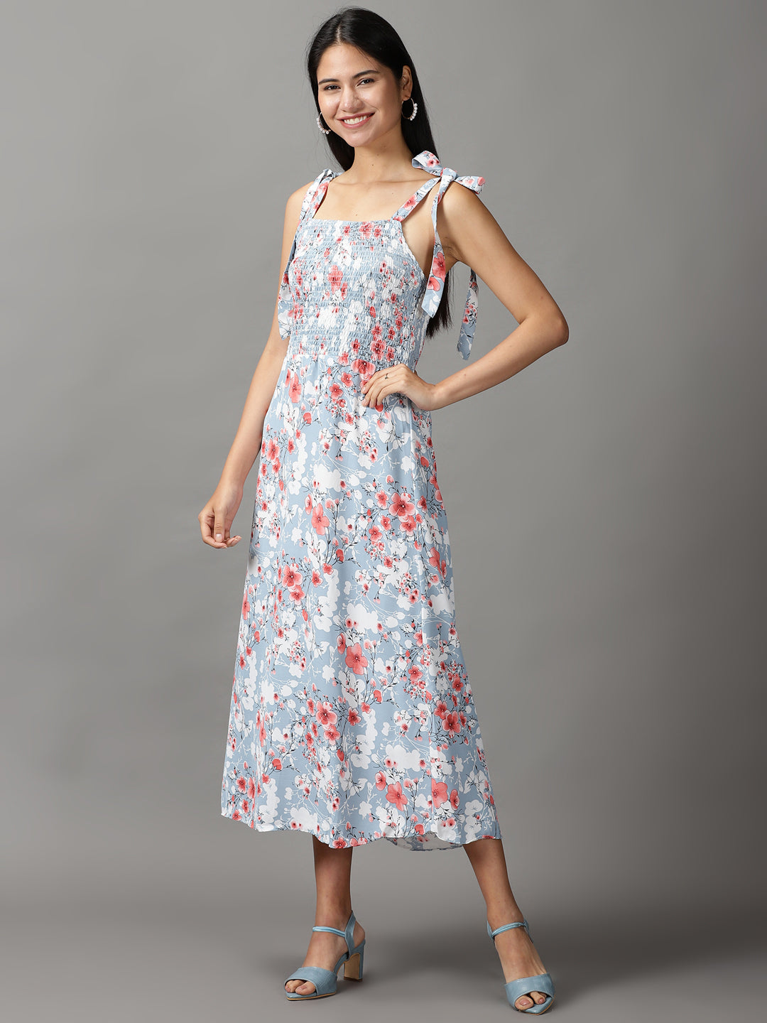 Women's Blue Floral Printed A-Line Midi Dress