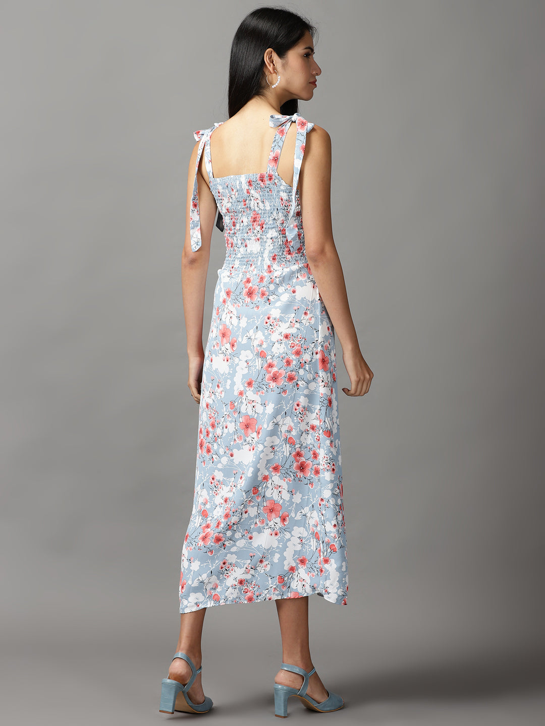 Women's Blue Floral Printed A-Line Midi Dress