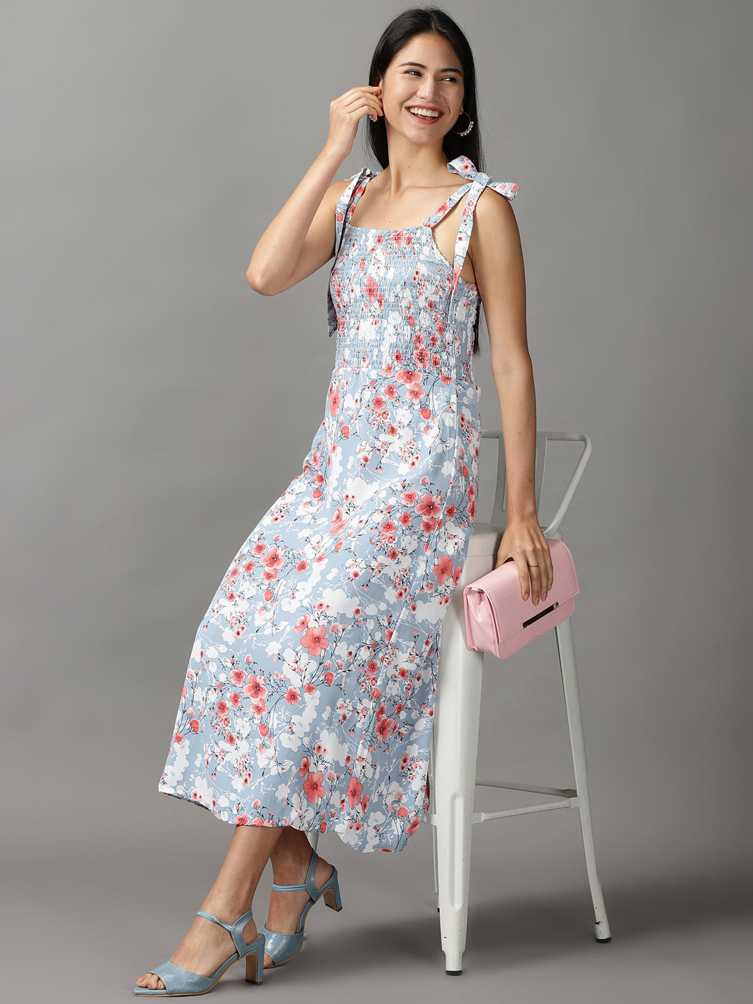 Women's Blue Floral Printed A-Line Midi Dress